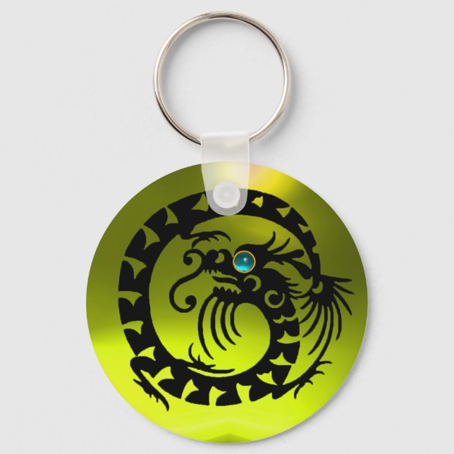 SNAKE DRAGON,black,blue aquamarine,yellow topaz Key Ring (Front)
