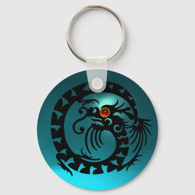 SNAKE DRAGON,black,red  ruby,blue aquamarine Key Ring (Front)