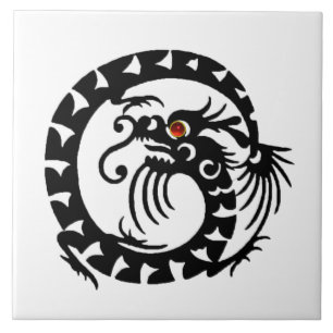 SNAKE  DRAGON, Black White  Tile