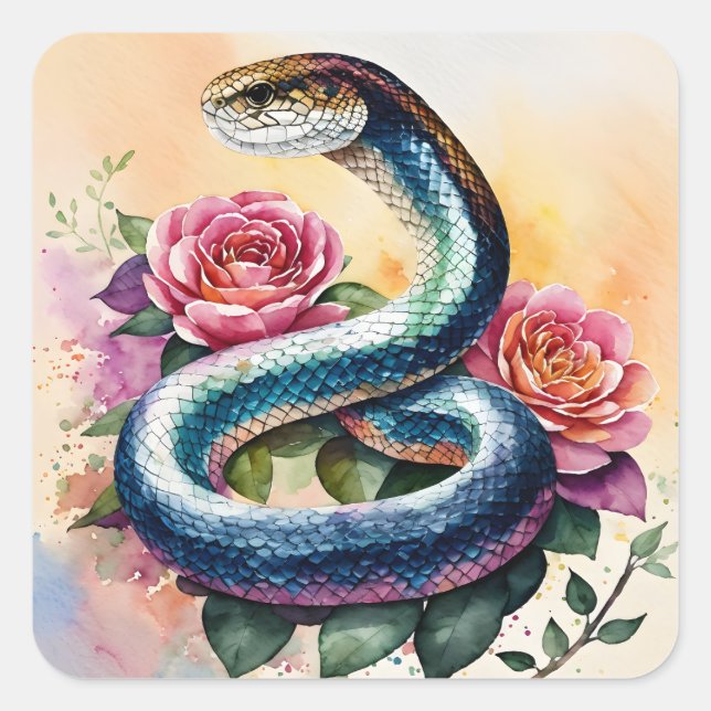 Snake Floral Watercolor Art Square Sticker (Front)