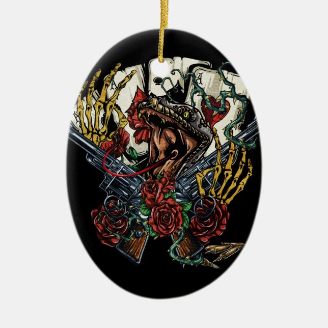 Snake Gun And Roses Poker Cards Ceramic Tree Decoration (Front)