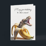 Snake Morphing Out of a Banana Card<br><div class="desc">A surreal combination of a banana and a rattlesnake is depicted with the snake emerging from the peeled fruit,  mouth open,  and fangs visible.
All text can be edited.</div>