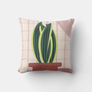 Snake Plants on Plaid Blush Background Pink Cushion