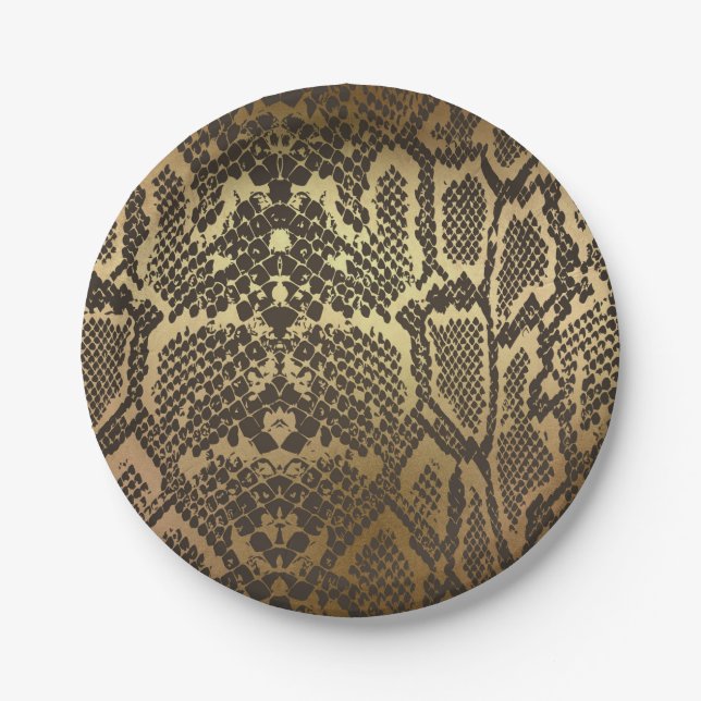 Snake Skin Animal Print Elegant Modern Glam Gold Paper Plate (Front)