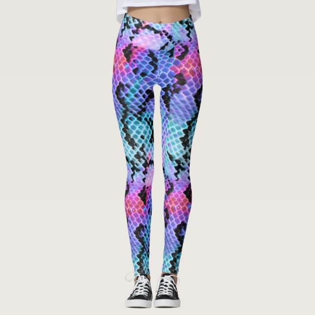 Snake Skin Pink Purple Blue Colourful Rainbow Leggings (Front)
