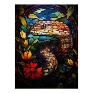 Snake Stained Glass Art Floral Mosaic Portrait Poster