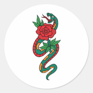 Snake Wrapped Around a Red Rose Tattoo Art Classic Round Sticker