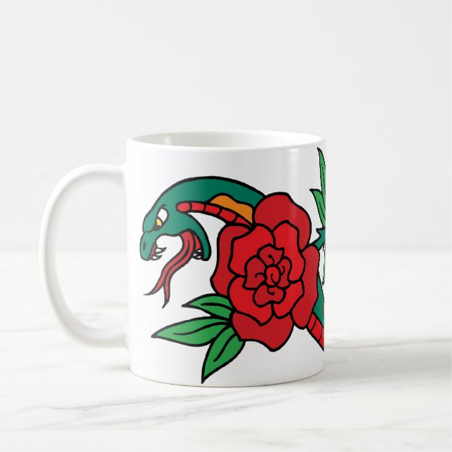 Snake Wrapped Around a Red Rose Tattoo Art Coffee Mug (Left)