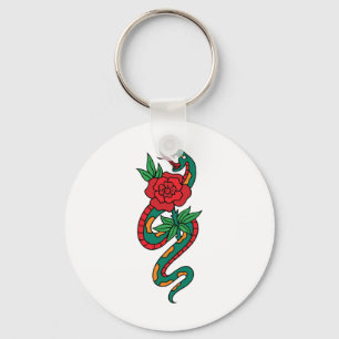 Snake Wrapped Around a Red Rose Tattoo Art Key Ring