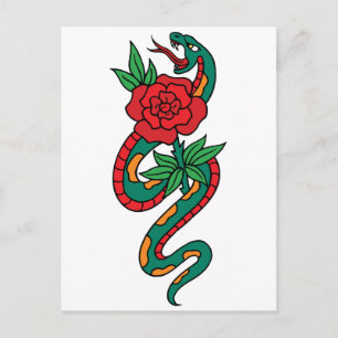 Snake Wrapped Around a Red Rose Tattoo Art Postcard
