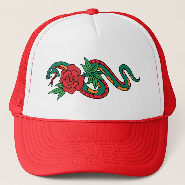 Snake Wrapped Around a Red Rose Tattoo Art Trucker Hat (Front)