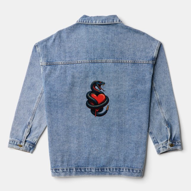 Snake Wrapped Around Bleeding Heart  Denim Jacket (Back)