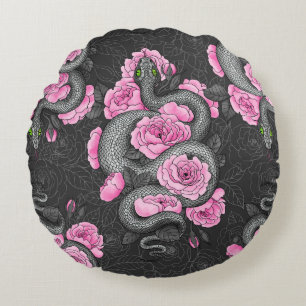 Snakes and pink roses round cushion
