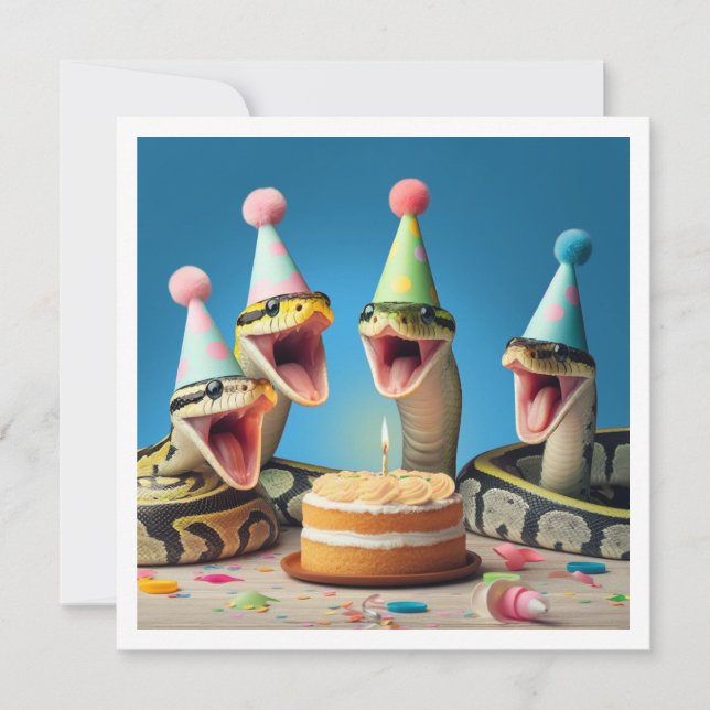 Snakes eating cake birthday invitation, reptile invitation (Front)