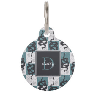 Snakes Sun Moon Check Monogram Personalize Teal Pet Tag