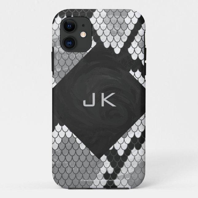 Snakeskin Grey, White, and Black Monogrammed Case-Mate iPhone Case (Back)