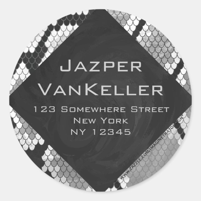 Snakeskin Grey, White, and Black Monogrammed Classic Round Sticker (Front)