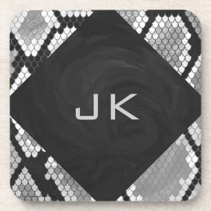 Snakeskin Grey, White, and Black Monogrammed Coaster