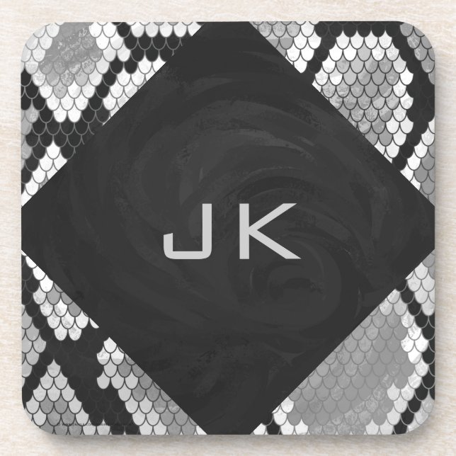 Snakeskin Grey, White, and Black Monogrammed Coaster (Front)