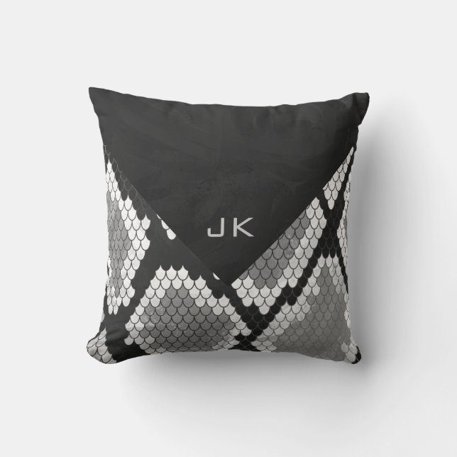 Snakeskin Grey, White, and Black Monogrammed Cushion (Front)