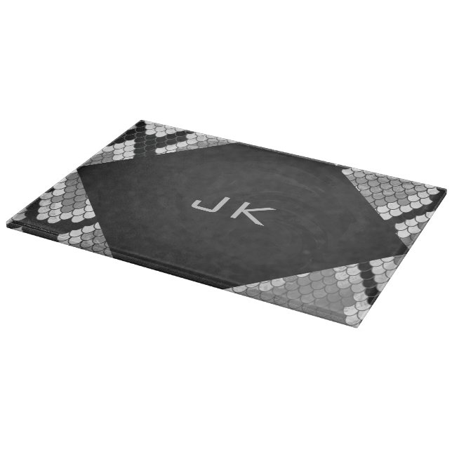 Snakeskin Grey, White, and Black Monogrammed Cutting Board (Corner)