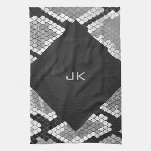 Snakeskin Grey, White, and Black Monogrammed Tea Towel