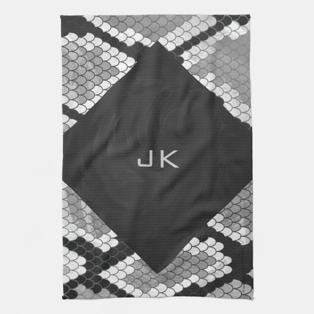 Snakeskin Grey, White, and Black Monogrammed Tea Towel (Vertical)