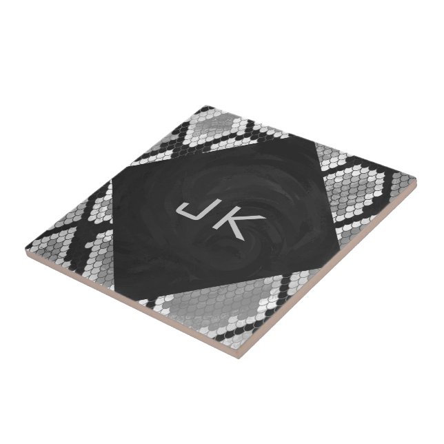 Snakeskin Grey, White, and Black Monogrammed Tile (Side)