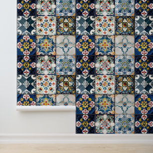Snall Blue Italian Tile Pattern Wallpaper