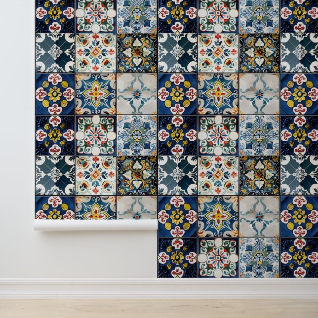 Snall Blue Italian Tile Pattern Wallpaper (Application)