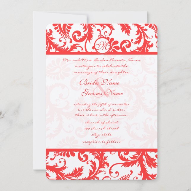 Snap Dragon Coral Damask Wedding Invitation (Front)