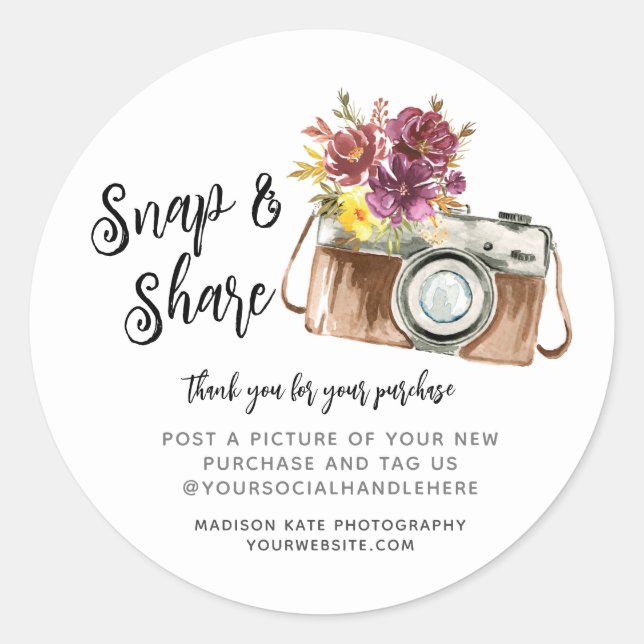 Snap & Share Camera Business Round Sticker (Front)