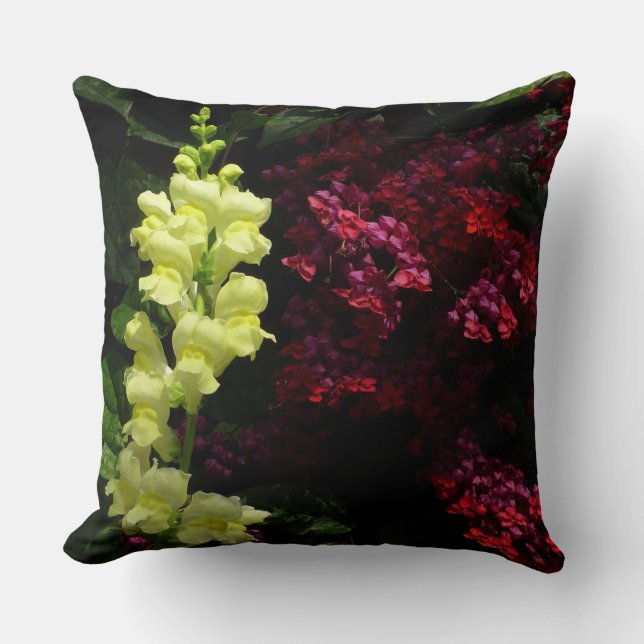 Snapdragon and Pagoda Flowers Colourful Floral Cushion (Front)
