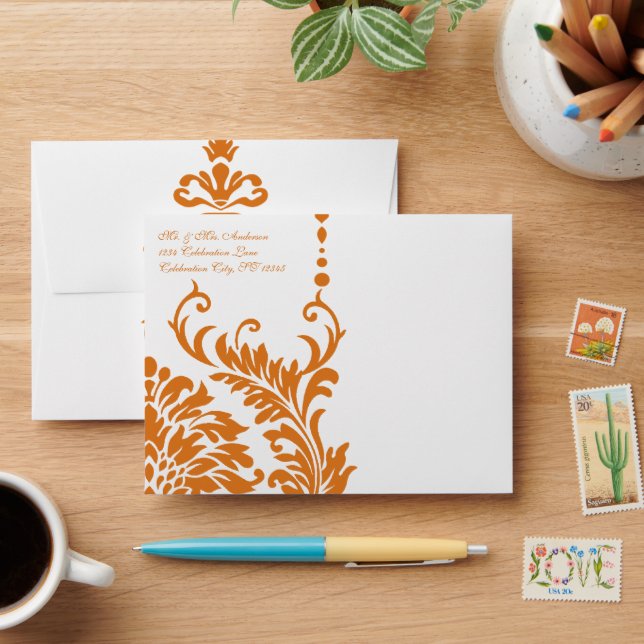 Snapdragon Coral Vintage Damask Envelopes (Desk)