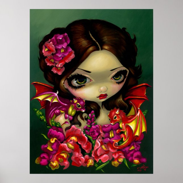 Snapdragon Fairy ART PRINT fantasy dragon flowers (Front)