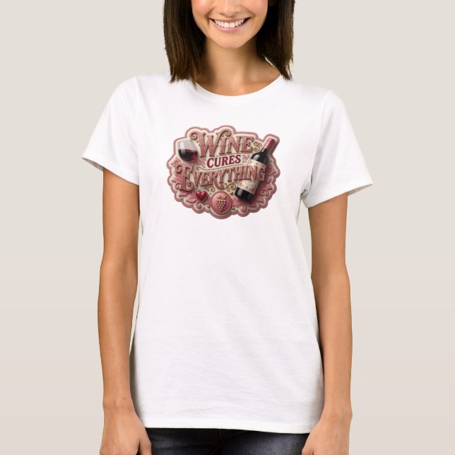 Snappy Red WINE CURES EVERYTHING Print T-Shirt (Front)
