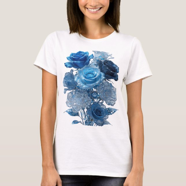 Snappy Silver BLUE ROSES Print T-Shirt (Front)
