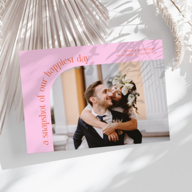 Snapshot Happiest Day Orange Pink Wedding Photo Thank You Card (Creator Uploaded)