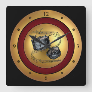Snare Drums ~ Musical Scroll ~ Gold/Maroon/Black ~ Square Wall Clock