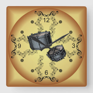 Snare Drums ~ Musical Scroll ~ Golden Background ~ Square Wall Clock