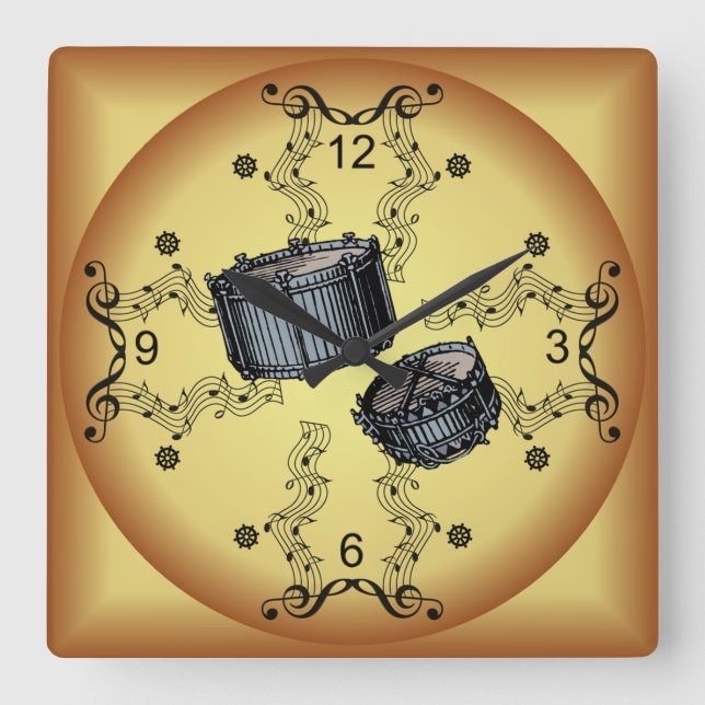 Snare Drums ~ Musical Scroll ~ Golden Background ~ Square Wall Clock (Front)