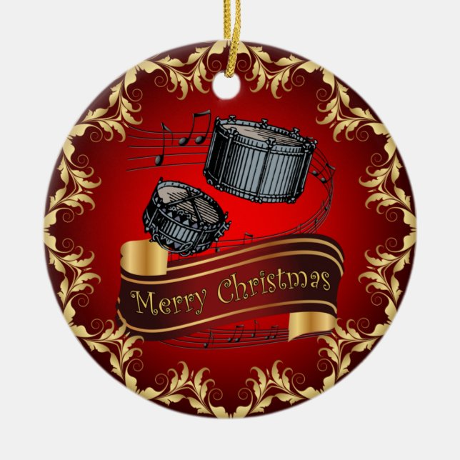 Snare Drums ~ Musical Scroll ~ Merry Christmas ~  Ceramic Tree Decoration (Front)