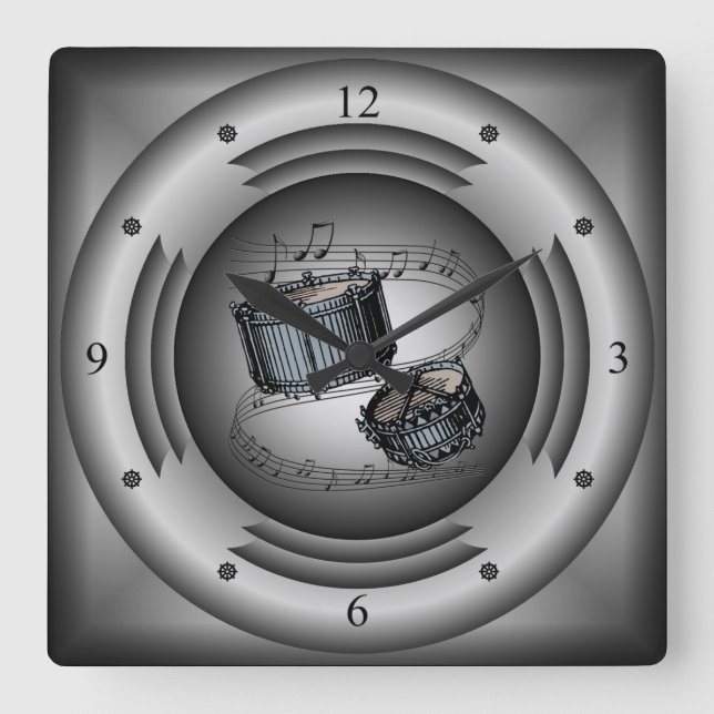 Snare Drums ~ Musical Scroll ~ Silver Speaker ~ Square Wall Clock (Front)