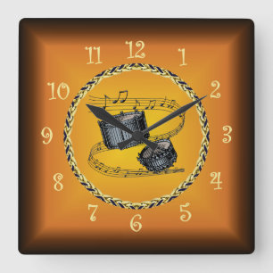 Snare Drums On Musical Scroll & Russet Orange ~  Square Wall Clock