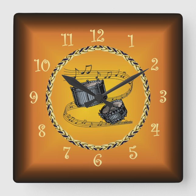 Snare Drums On Musical Scroll & Russet Orange ~  Square Wall Clock (Front)