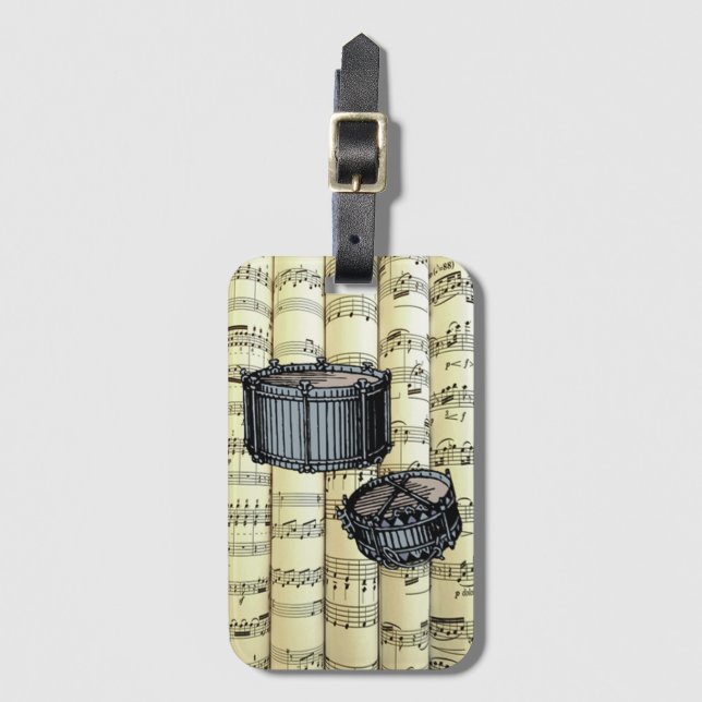 Snare Drums On Rolled Sheet Music ~ Luggage Tag (Front Vertical)
