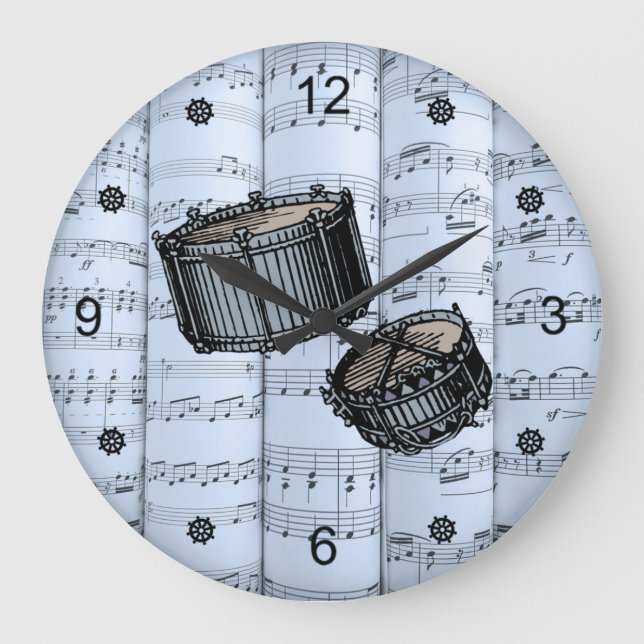 Snare Drums ~ Rolled Sheet Music ~ Blue Tint Back  Large Clock (Front)