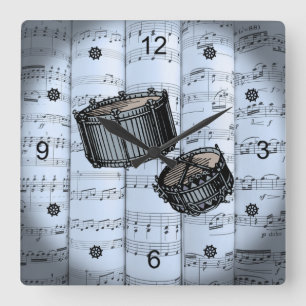 Snare Drums ~ Rolled Sheet Music ~ Blue Tint Back  Square Wall Clock