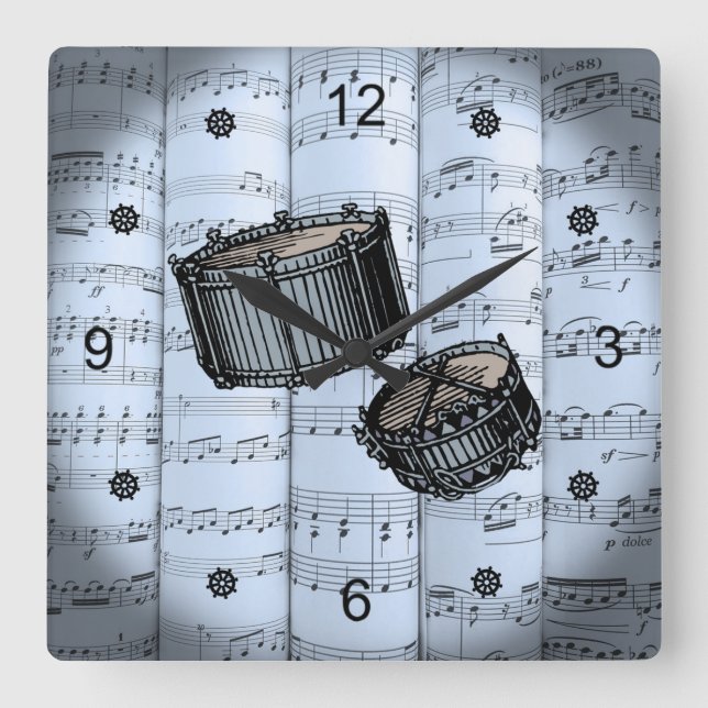 Snare Drums ~ Rolled Sheet Music ~ Blue Tint Back  Square Wall Clock (Front)