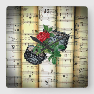 Snare Drums & Rose ~ Rolled Sheet Music ~ Square Wall Clock